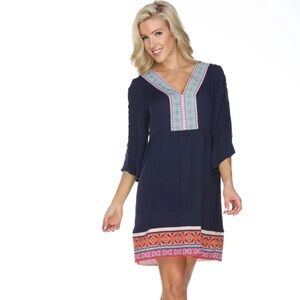White Mark Boho Embroidered Bell Sleeve Navy Sz XL